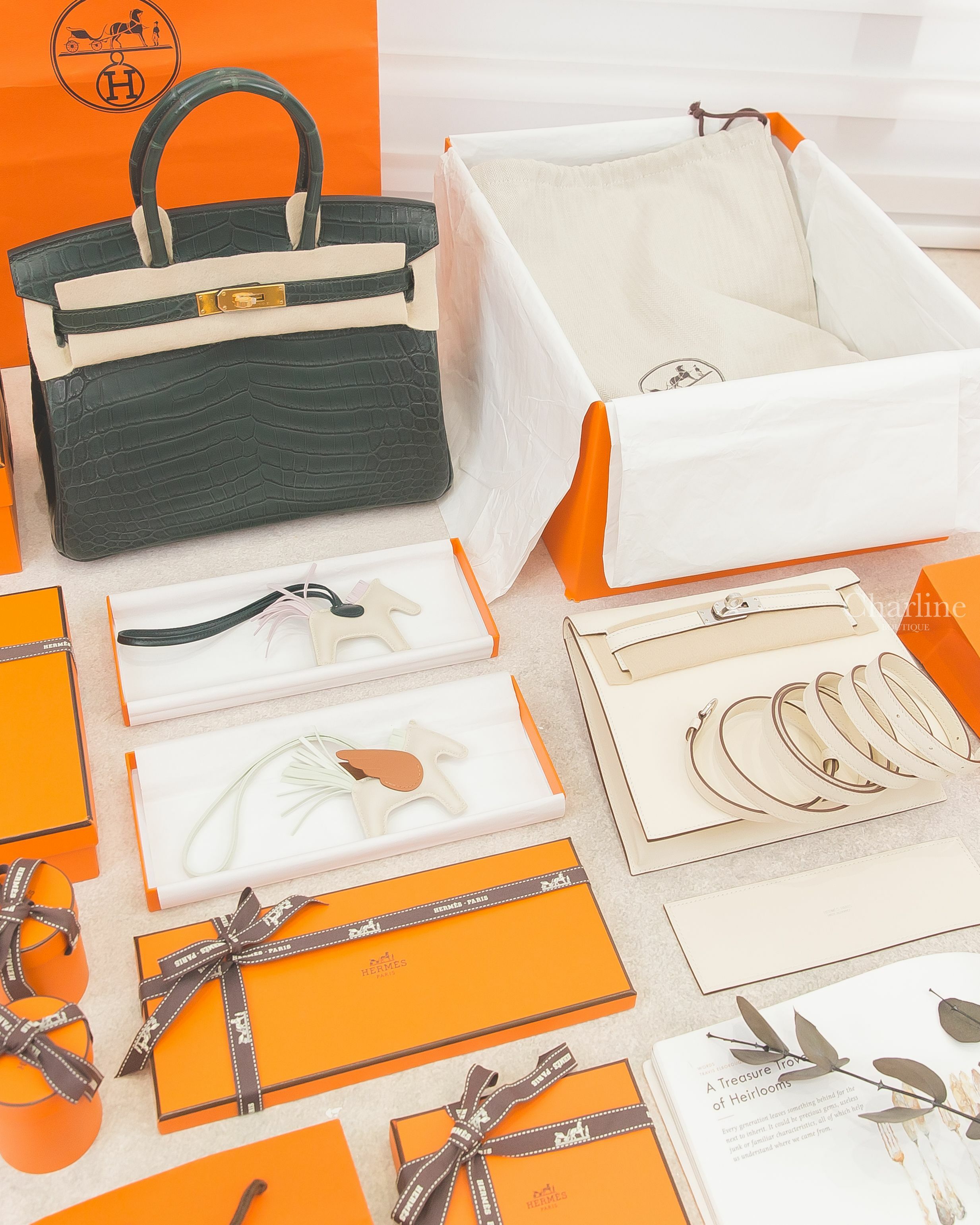 Hermès Birkin 30cm 67 祖母綠霧面兩點鱷魚金釦,Hermès Kelly Danse 奶油白銀釦,Hermès 奶昔白/淡紫色/松柏綠小馬,Hermès 奶昔白/氣泡綠/焦糖色小飛馬-Charline Boutique 精品代購