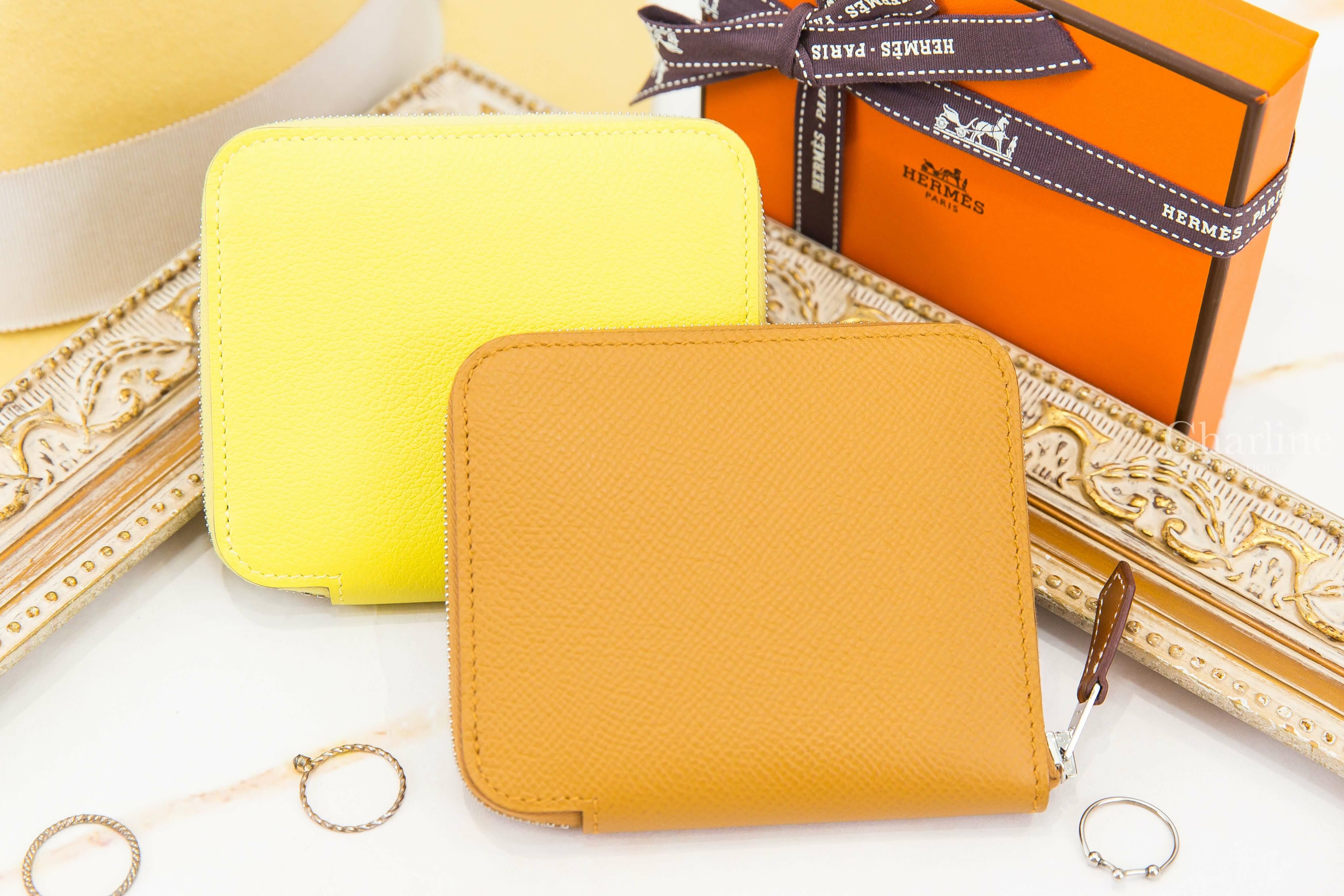Hermès Silk' In Compact Wallet 9R Evercolor 萊姆黃絲巾短夾,Hermès Silk' In Compact Wallet 2S Epsom 芝麻黃色絲巾短夾-Charline Boutique 精品代購