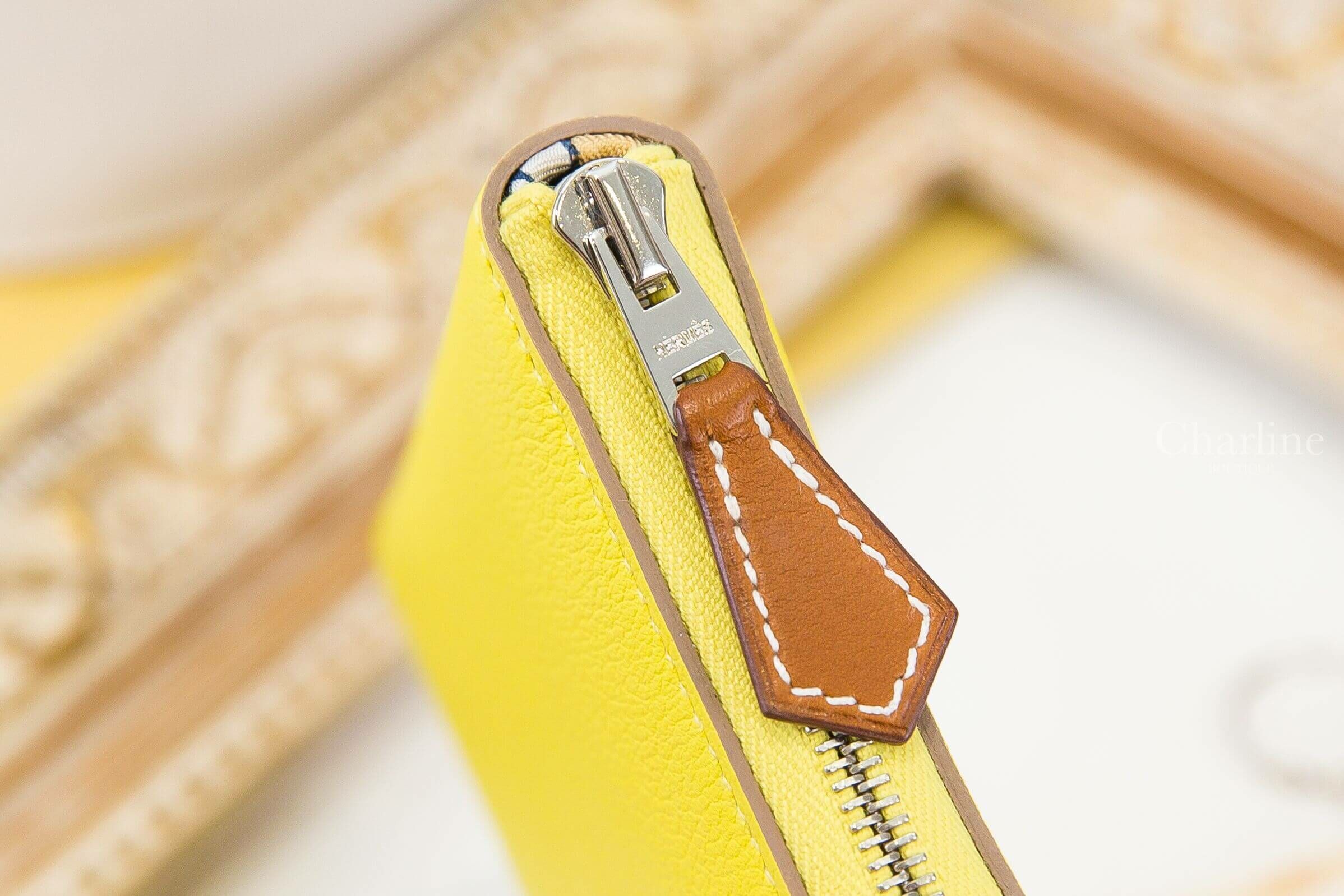 Hermès Silk' In Compact Wallet 9R Lime Evercolor 萊姆黃絲巾拉鍊短夾