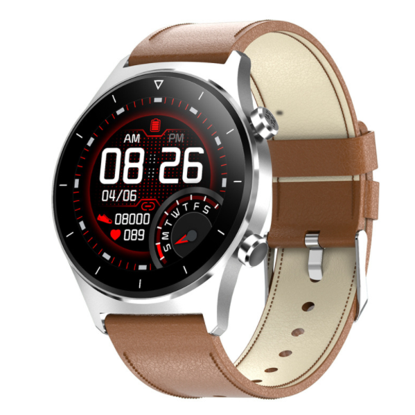 E13 Smart Band 1.28 Inch Heart Rate IP68 Waterproof Silicone Strap Bluetooth Watch (Silver Brown Leather)