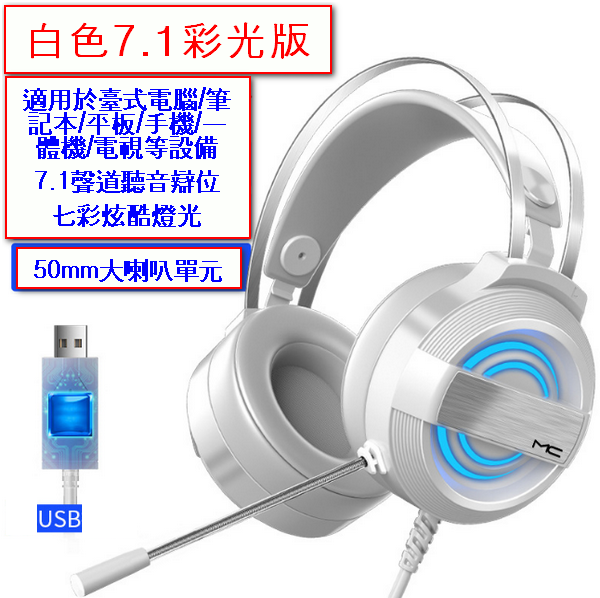 激抵頭戴式耳機－Q9白色【7.1聲道USB聲卡】