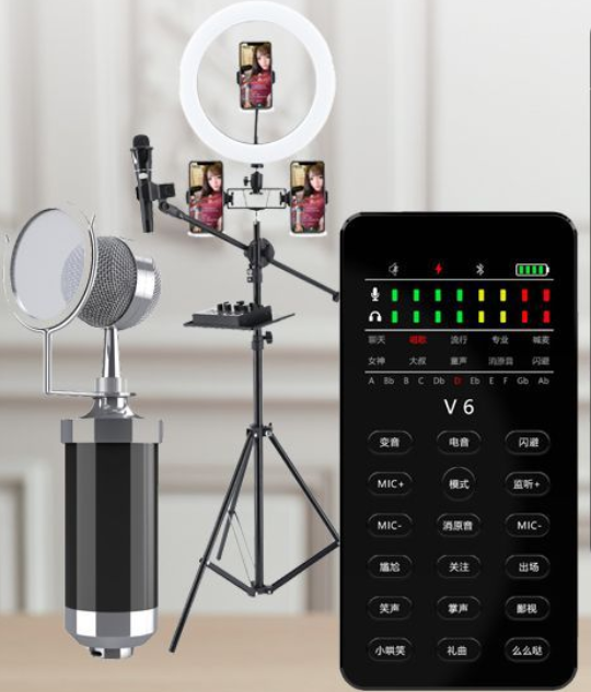 V6 Live Streaming Equipment Set (V6 + Baby Bottle Black + 26CM Fill Light Floor Stand + Headphones + OTG (Choose One of the Two))