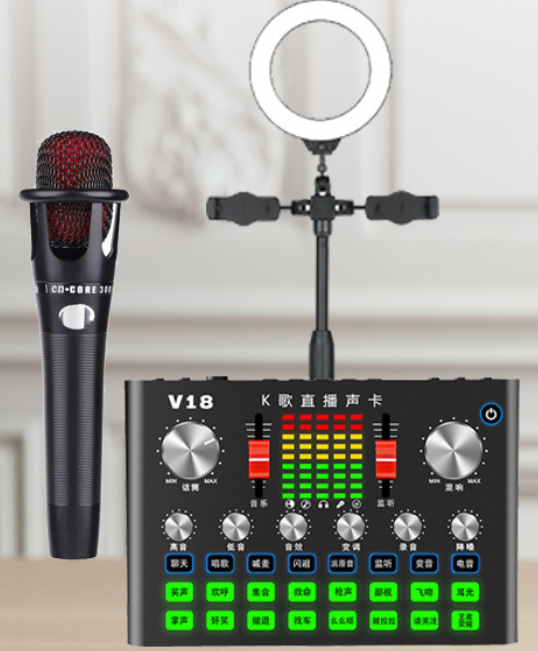 V18 Live Streaming Equipment Set (V18 + E300 + Triangle Microphone Stand + 16CM Fill Light Desktop Stand + Headset + OTG (Choose One of the Two))
