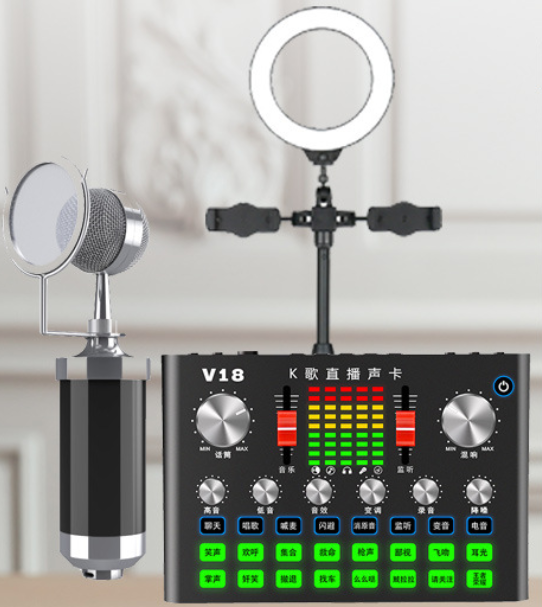 V18 Live Streaming Equipment Set (V18 + Baby Bottle Black + Duck Palm Microphone Stand + 16CM Fill Light Desktop Stand + Headphones + OTG (Choose One of the Two))