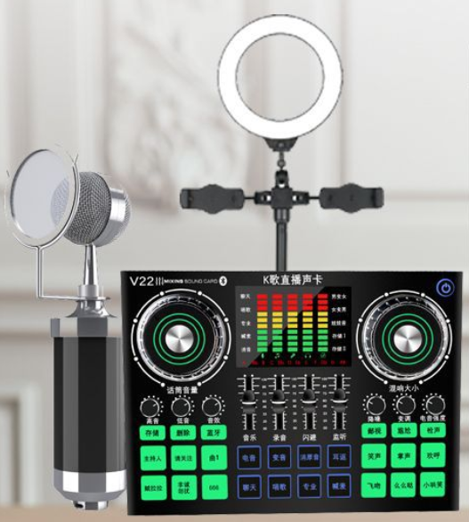 V22 Live Streaming Equipment Set (V22 + Baby Bottle Black + Duck Palm Microphone Bracket + 16CM Fill Light Desktop Bracket + Headphones + OTG (Choose One of the Two))