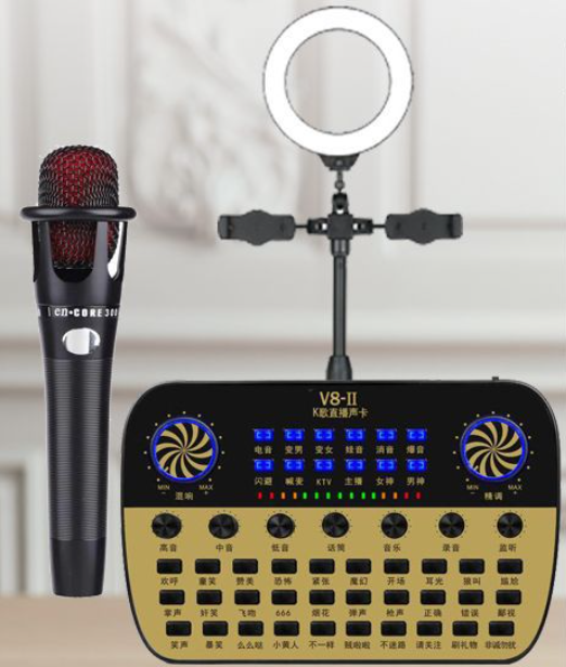 V8-II Live Streaming Equipment Set (V8-II+E300+Triangle Microphone Bracket + 16CM Fill Light Desktop Bracket + Headset + OTG (Choose One))