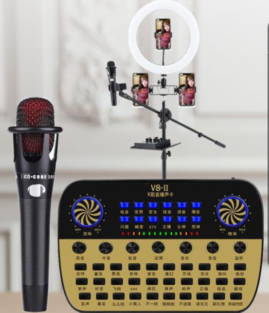 V8-II Live Streaming Equipment Set (V8-II+E300+26CM Fill Light Floor Bracket + Headphones + OTG (choose one of two))