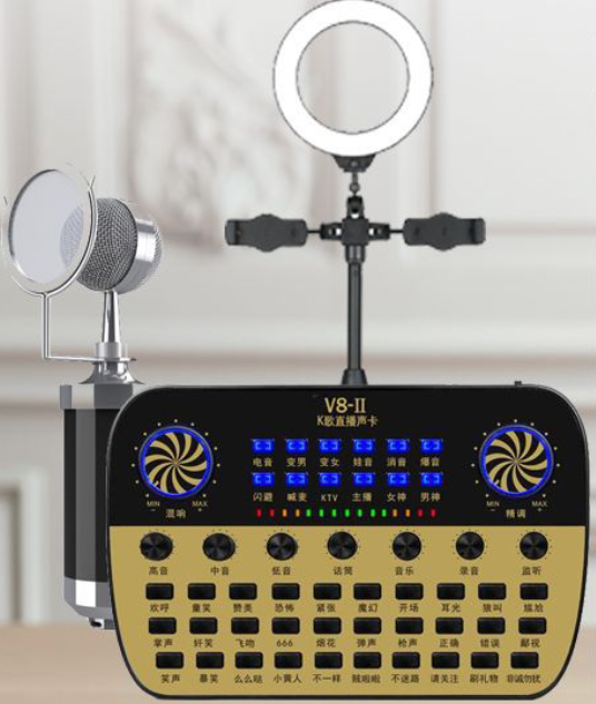V8-II Live Streaming Equipment Set (V8-II+Baby Bottle Black + Duck Palm Microphone Bracket + 16CM Fill Light Desktop Bracket + Headset + OTG (Choose One))