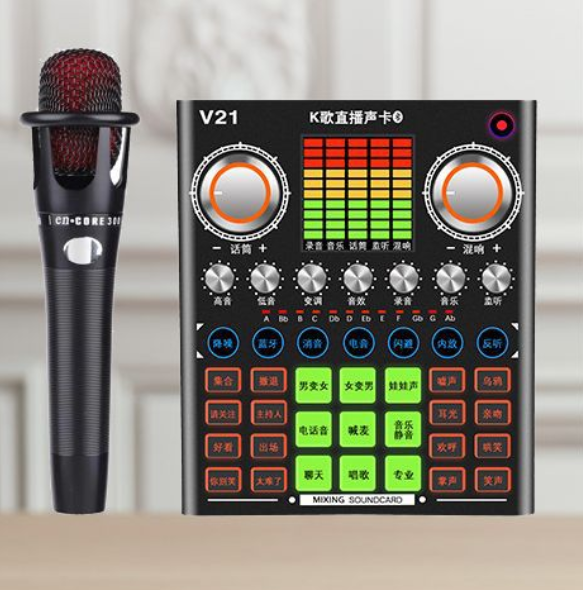 V21 Live Streaming Equipment Set (V21 + E300 + Triangle Microphone Stand + Disc Mobile Phone Holder + Headset + OTG (Choose One of the Two))