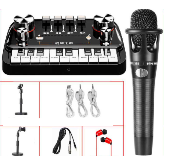 Piano Sound Card Live Streaming Equipment Set (Piano Sound Card + E300 + Microphone Stand + Mobile Phone Holder + Headphones)
