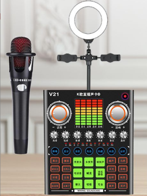 V21 Live Streaming Equipment Set (V21 + E300 + Triangular Microphone Stand + 16CM Fill Light Desktop Stand + Headset + OTG (Choose One of the Two))