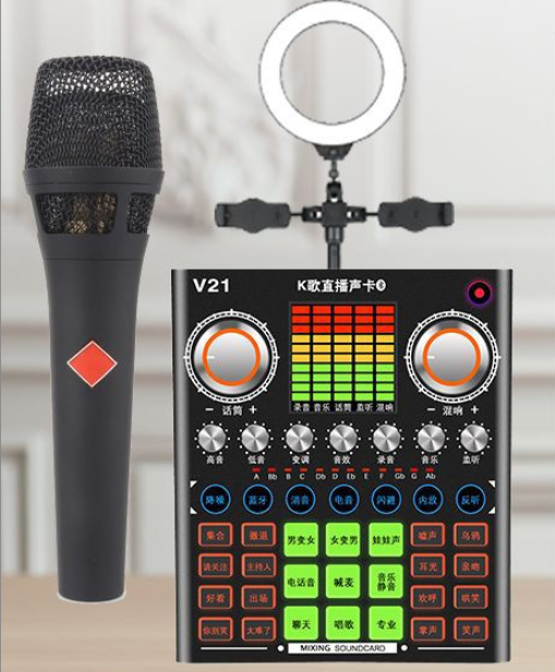 V21 Live Streaming Equipment Set (V21 + 105 Black + Disc Microphone Stand + 16CM Fill Light Desktop Stand + Headset + OTG (Choose One of the Two))
