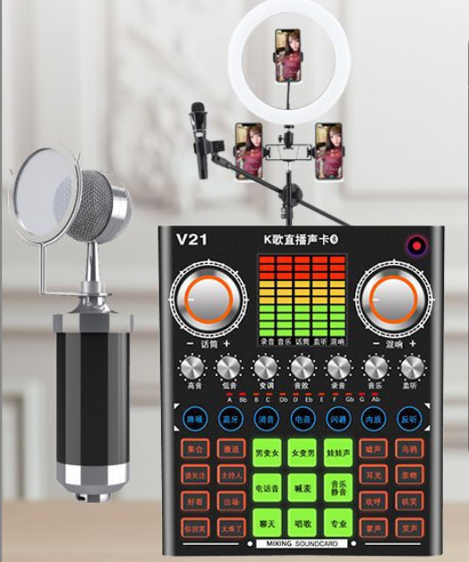 V21 Live Streaming Equipment Set (V21 + Baby Bottle Black + 26CM Fill Light Floor Stand + Headphones + OTG (Choose One of the Two))