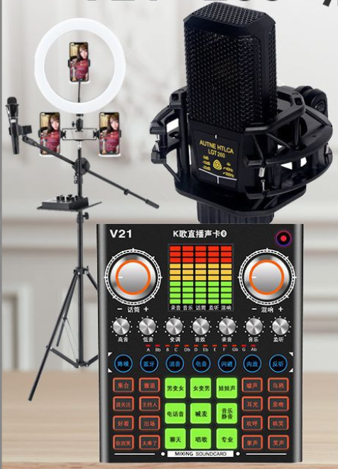 V21 Live Streaming Equipment Set (V21+260+26CM Fill Light Floor Stand + Headset + OTG (Choose One of the Two))