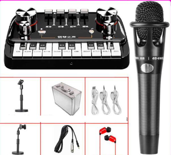Piano Sound Card Live Streaming Equipment Set (Piano Sound Card + E300 + Microphone Stand + Mobile Phone Holder + Headphones + Aluminum Box)