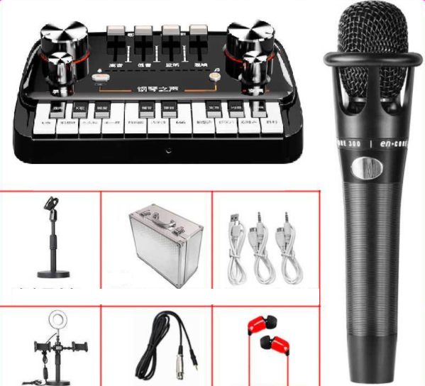 Piano Sound Card Live Streaming Equipment Set (Piano Sound Card + E300 + Microphone Bracket + 16cm Fill Light Bracket + Headphones + Aluminum Box)