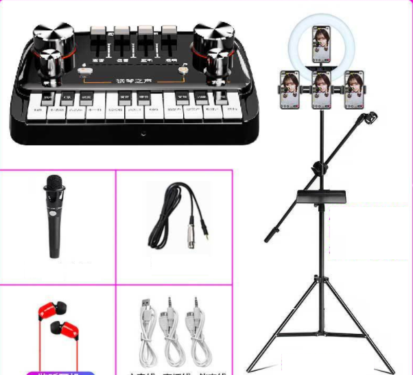Piano Sound Card Live Broadcast Equipment Set (Piano Sound Card + E300 + Headphones + 26cm Fill Light Floor Bracket Set)