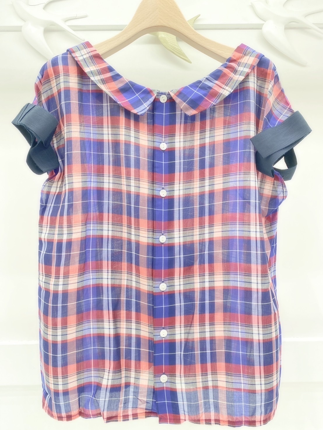 袖蝴蝶結格紋上衣