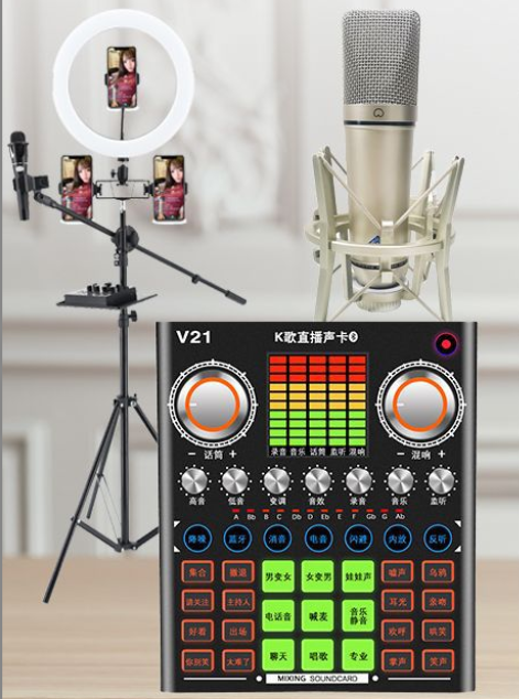 V21 Live Streaming Equipment Set (V21 + U87 + Cantilever Microphone Stand + 26CM Fill Light Floor Stand + Headphones + OTG (Choose One of the Two))
