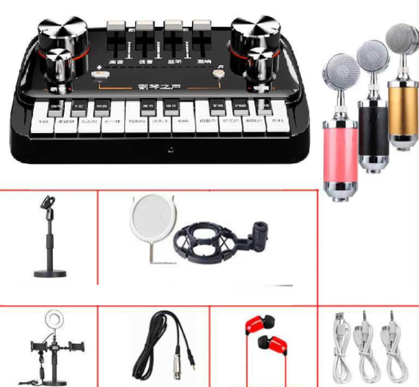 Piano Sound Card Live Streaming Equipment Set (Piano Sound Card + Baby Bottle Microphone + Microphone Bracket + 16cm Fill Light Bracket + Headphones)