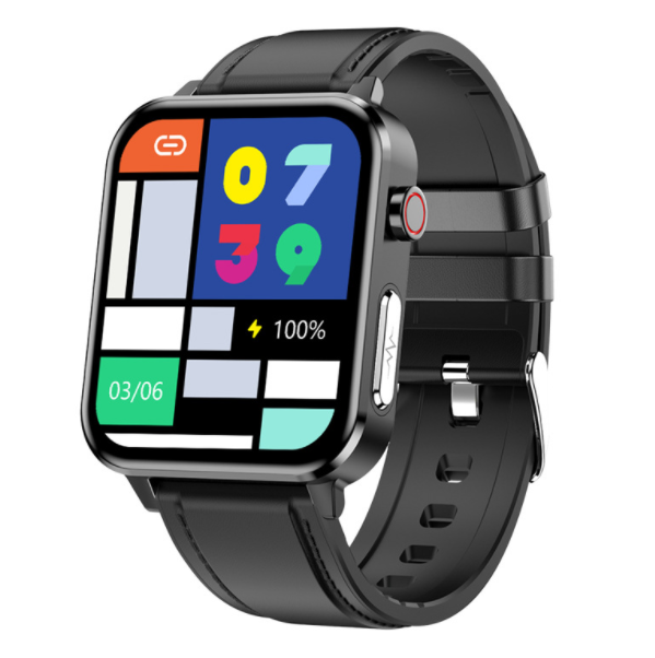 E86 Smart Watch Body Temperature, ECG Oxygen Monitoring, Call Message Reminder, Sports Bracelet (Black Leather)