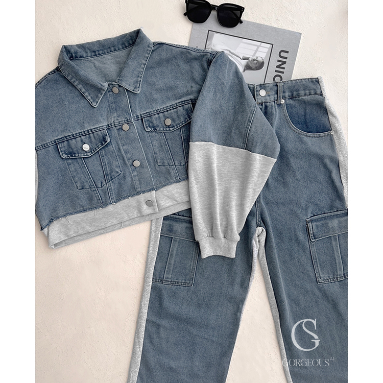 C87 現貨「拼接牛仔套裝」