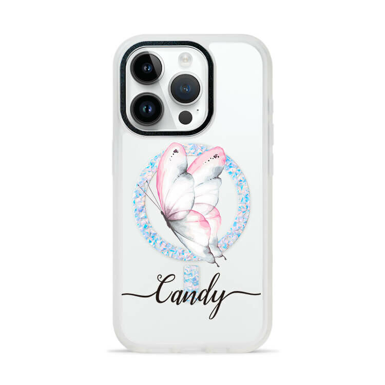 夢幻粉蝶 膚感閃透殼 (MagSafe磁吸) (訂製名字) iPhone防摔手機殼