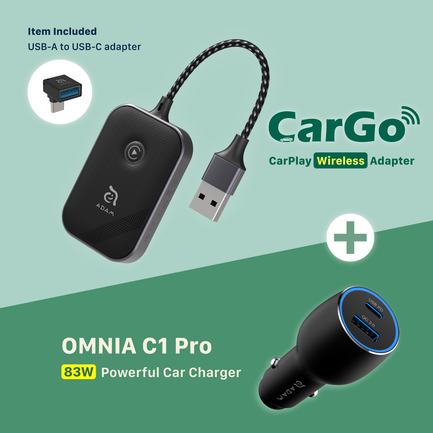CarGo CarPlay Wireless Adapter ＋ OMNIA C1 Pro 83W Powerful Car Charger
