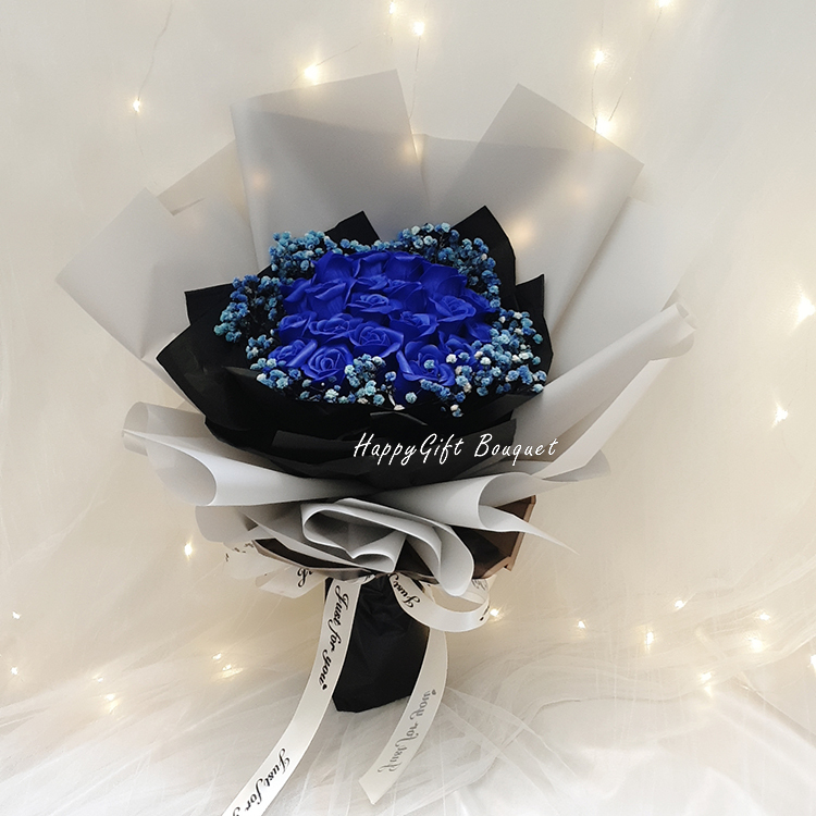 21朵深藍色玫瑰香皂花滿天星花束,21 dark blue rose soap flowers gypsophila bouquet