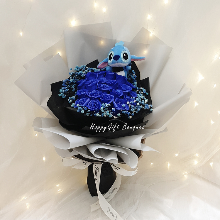 21朵深藍色玫瑰香皂花史迪奇滿天星花束,stitch 21 dark blue rose soap flowers gypsophila bouquet