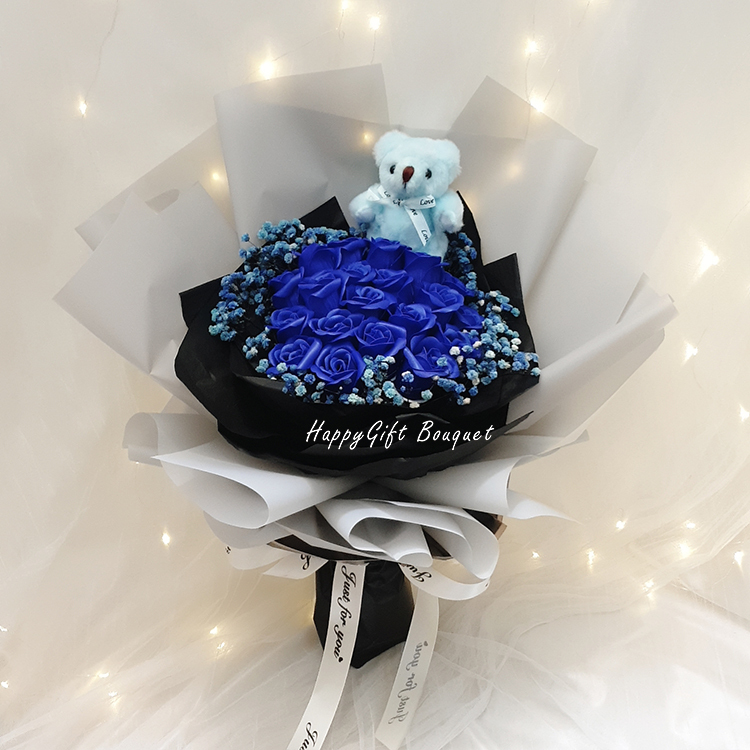 21朵深藍色小熊玫瑰香皂花滿天星花束,bear 21 dark blue rose soap flowers gypsophila bouquet