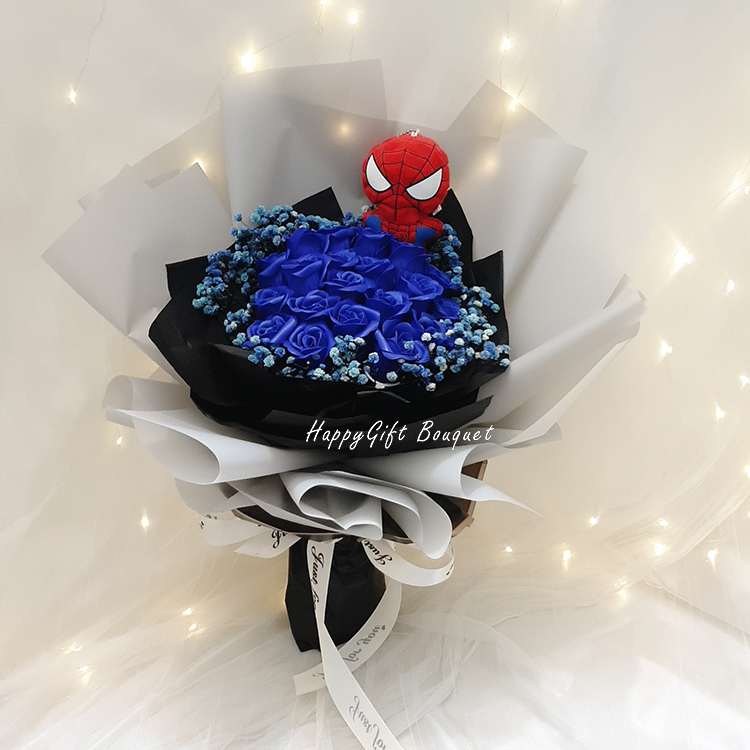 21朵深藍色玫瑰香皂花蜘蛛人滿天星花束,spiderman 21 dark blue rose soap flowers gypsophila bouquet