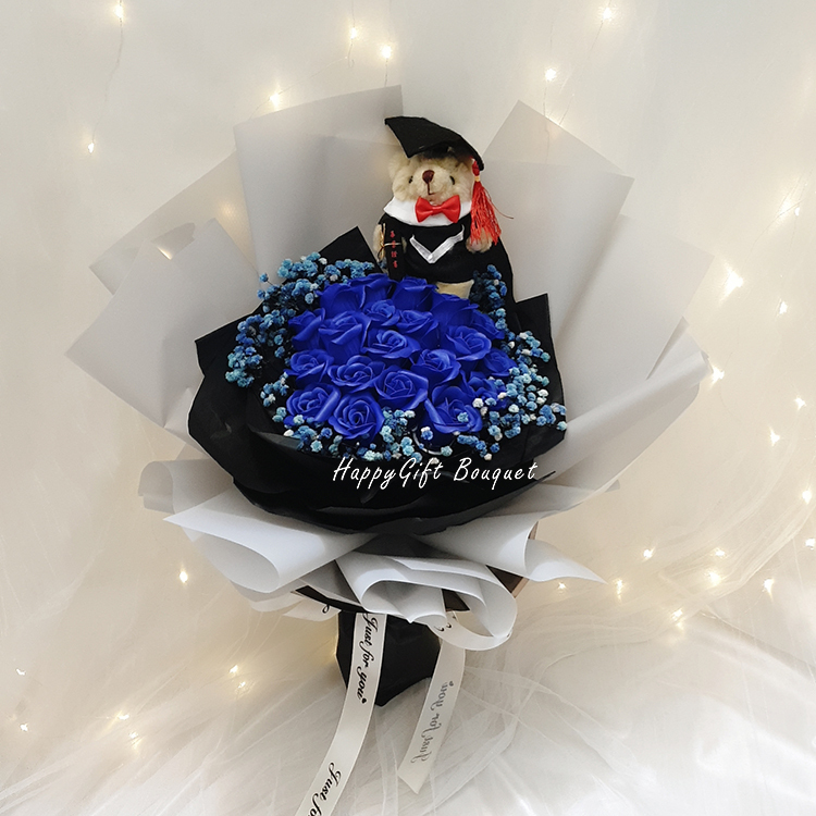 21朵深藍色玫瑰香皂花畢業熊滿天星畢業花束,graudation bear 21 dark blue rose soap flowers gypsophila bouquet