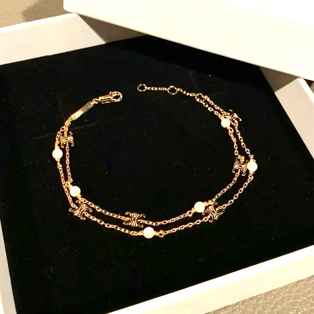 18k CE小金凱旋門珍珠雙層定製細手鍊
