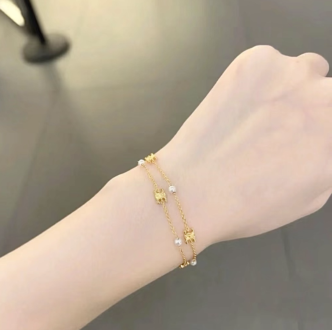 18k CE小金凱旋門珍珠雙層定製細手鍊