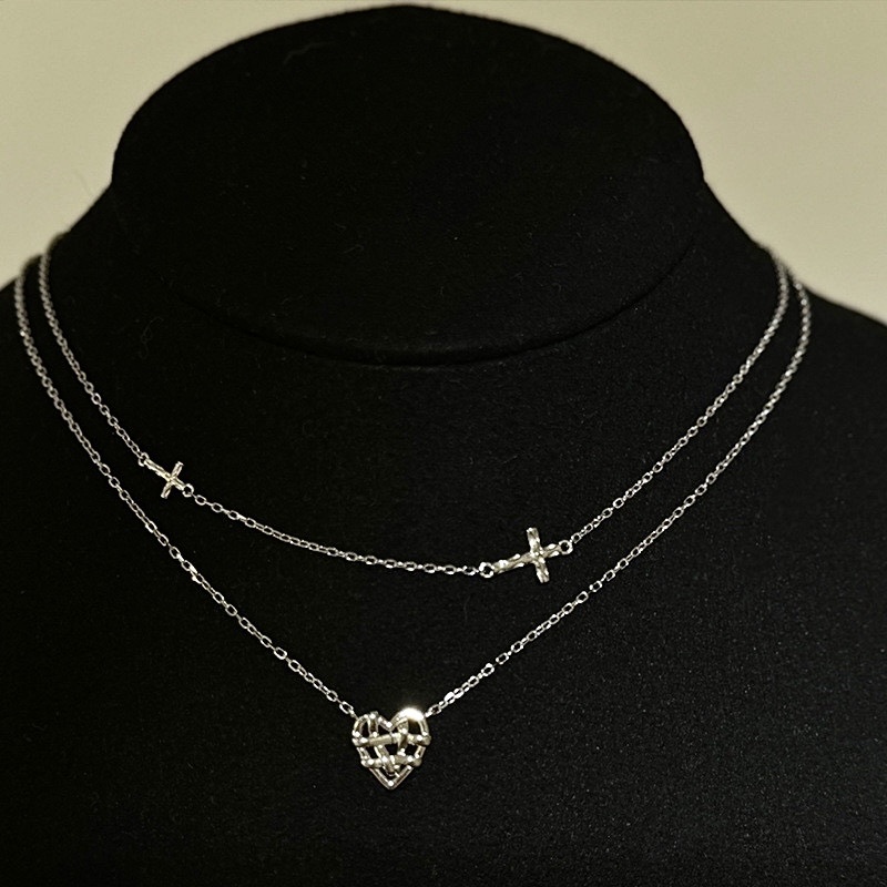 silver銀光面編織心/十字鑽雙層項鍊set