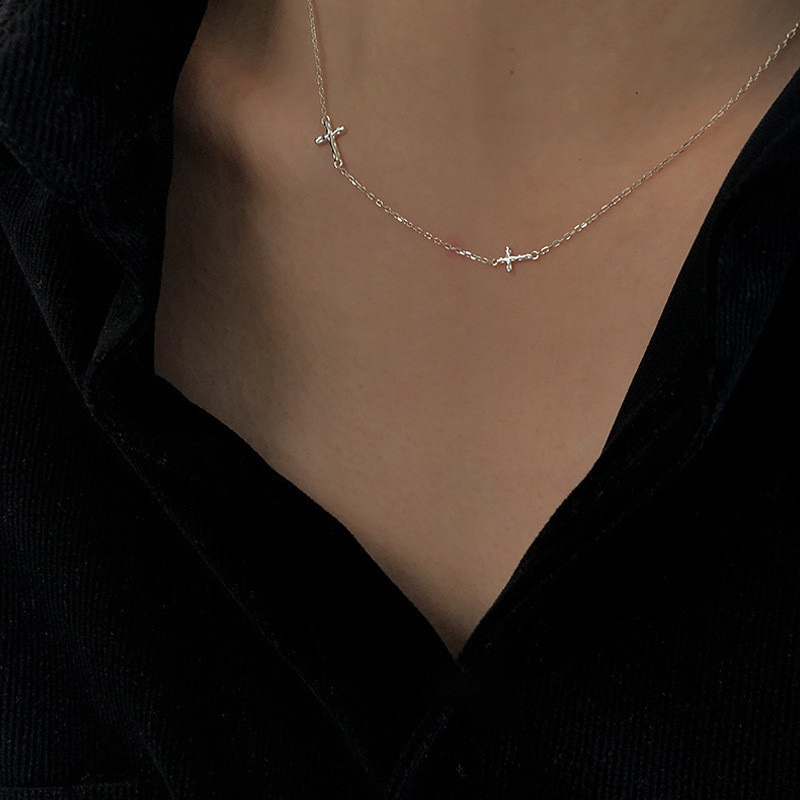 silver銀光面編織心/十字鑽雙層項鍊set