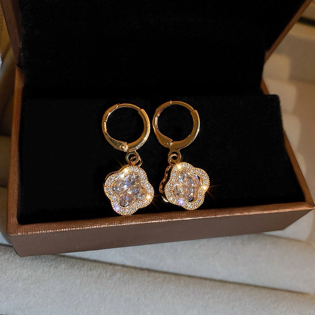 18k金透四葉草內嵌晶鑽 耳扣釘墜