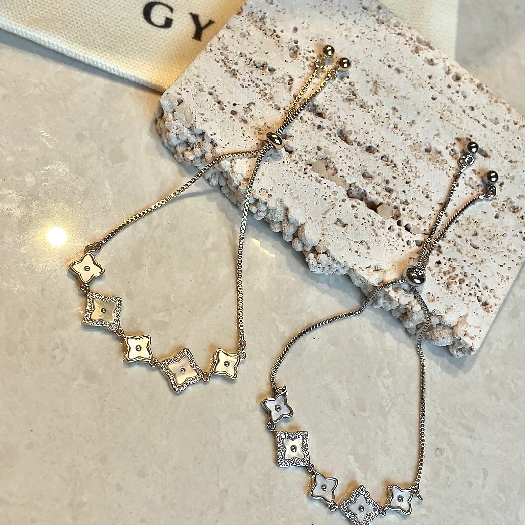 14k神仙白貝老花鑽設計款 抽拉手鍊