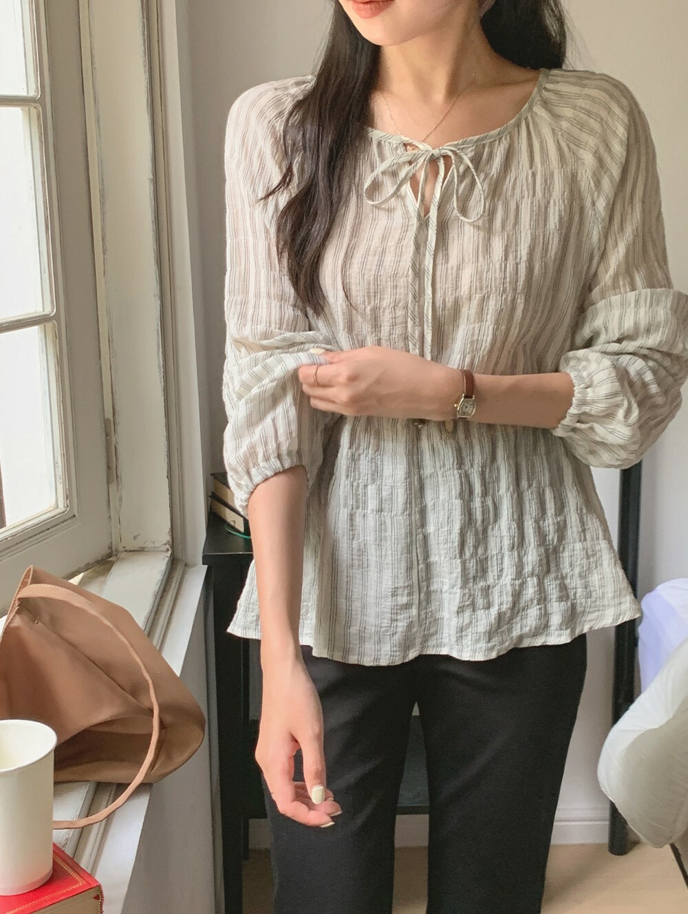 韓國grace muse授權 香草女孩直紋胸前綁帶薄衫