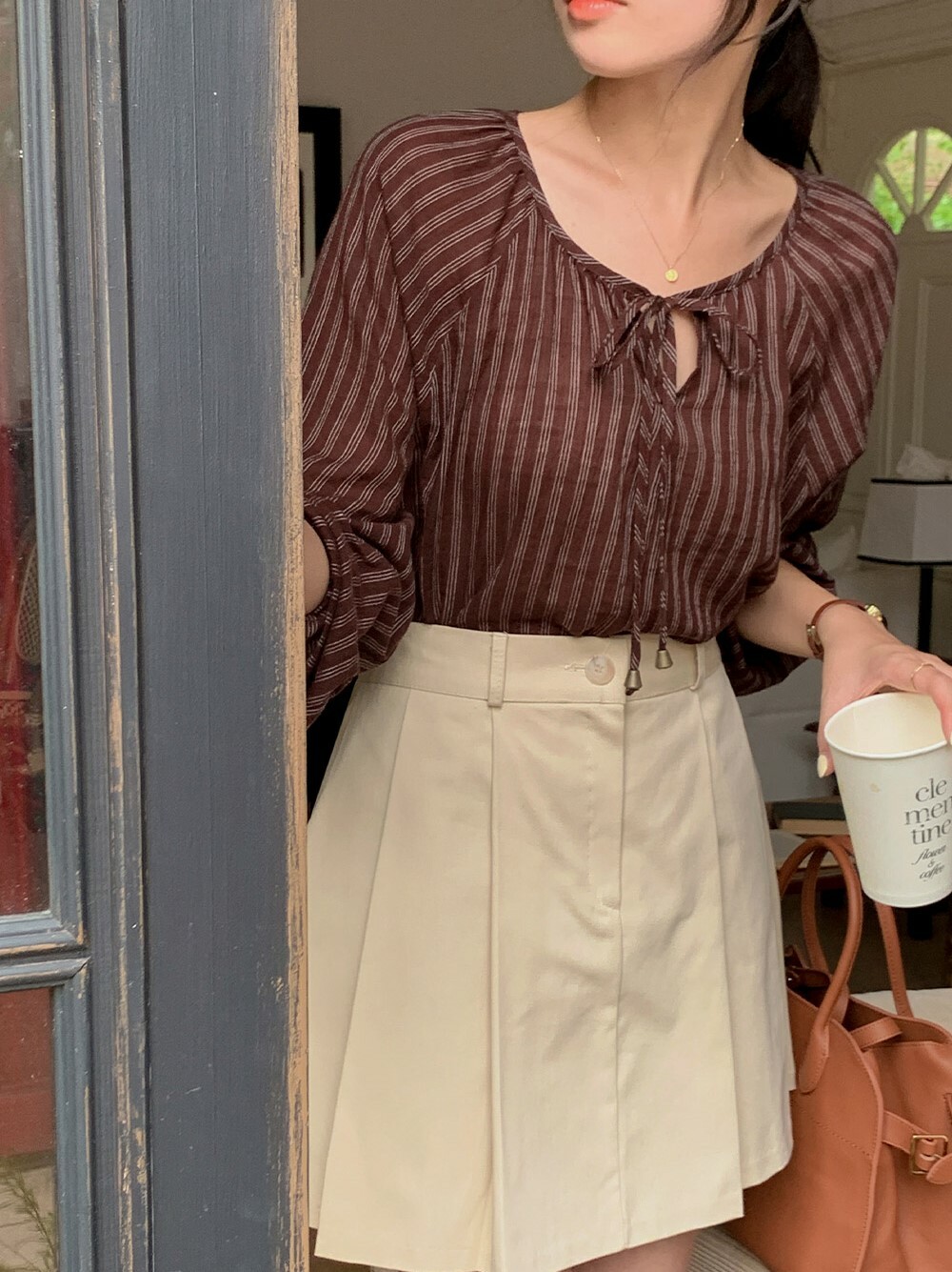 韓國grace muse授權 香草女孩直紋胸前綁帶薄衫