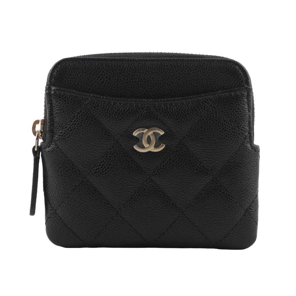 【CHANEL 】淡金色CC Logo 荔枝牛皮ㄇ形拉鍊附5卡零錢包