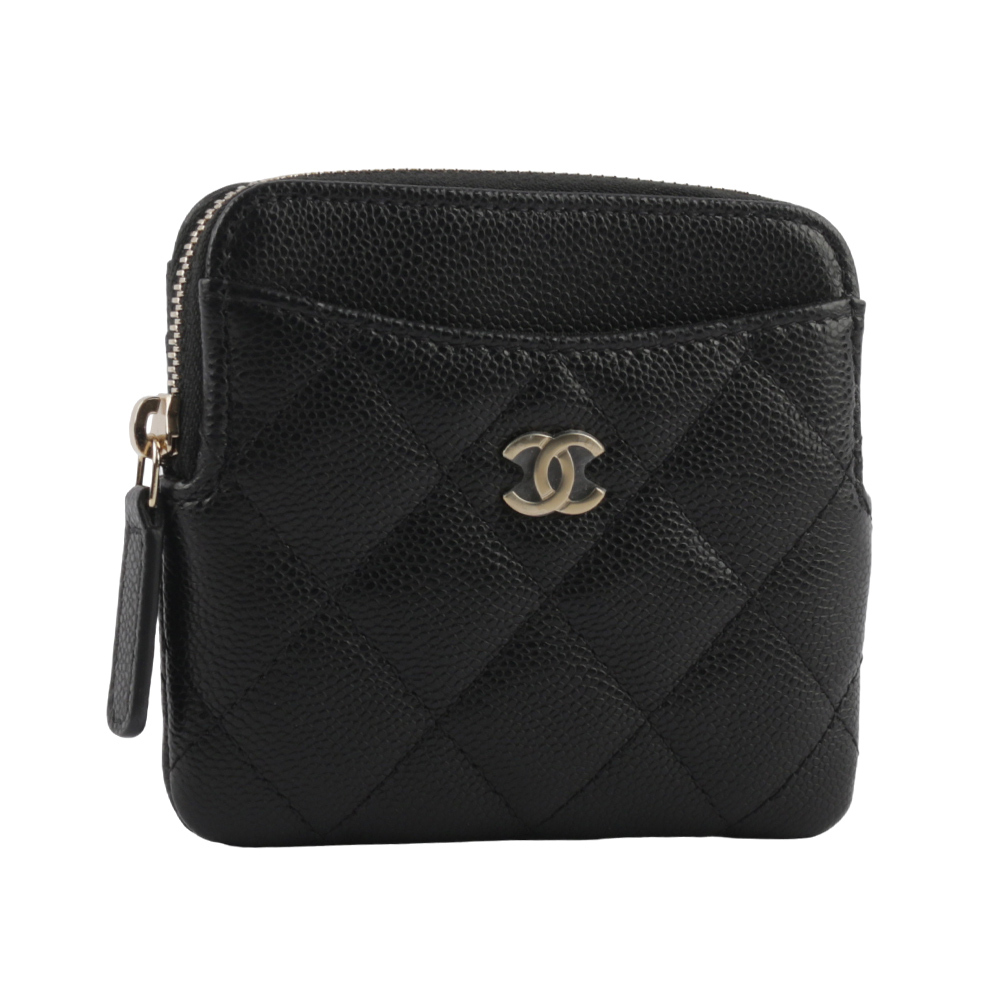 【CHANEL 】淡金色CC Logo 荔枝牛皮ㄇ形拉鍊附5卡零錢包