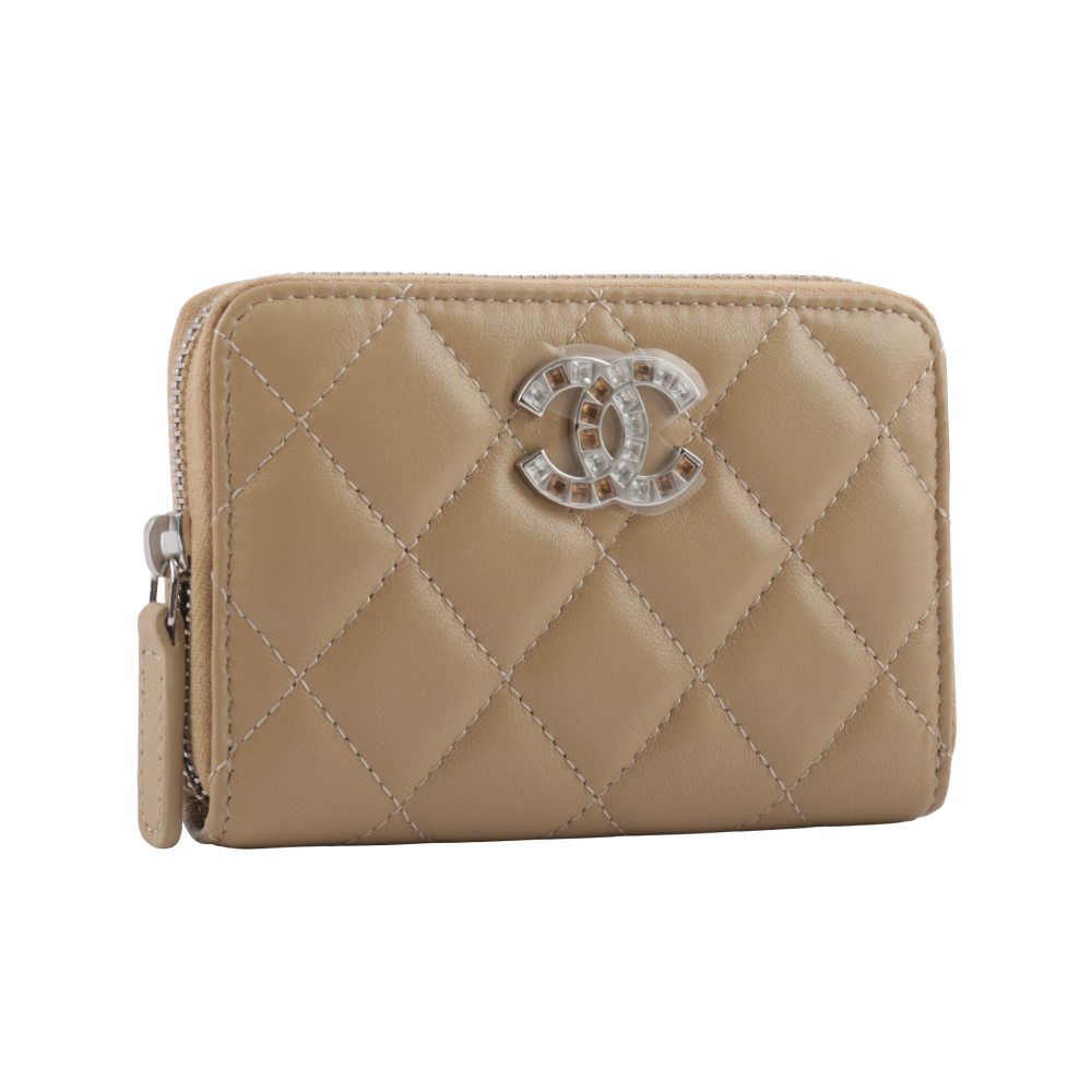 【CHANEL 】雙色珠寶CC Logo 羊皮ㄇ形拉鍊零錢包