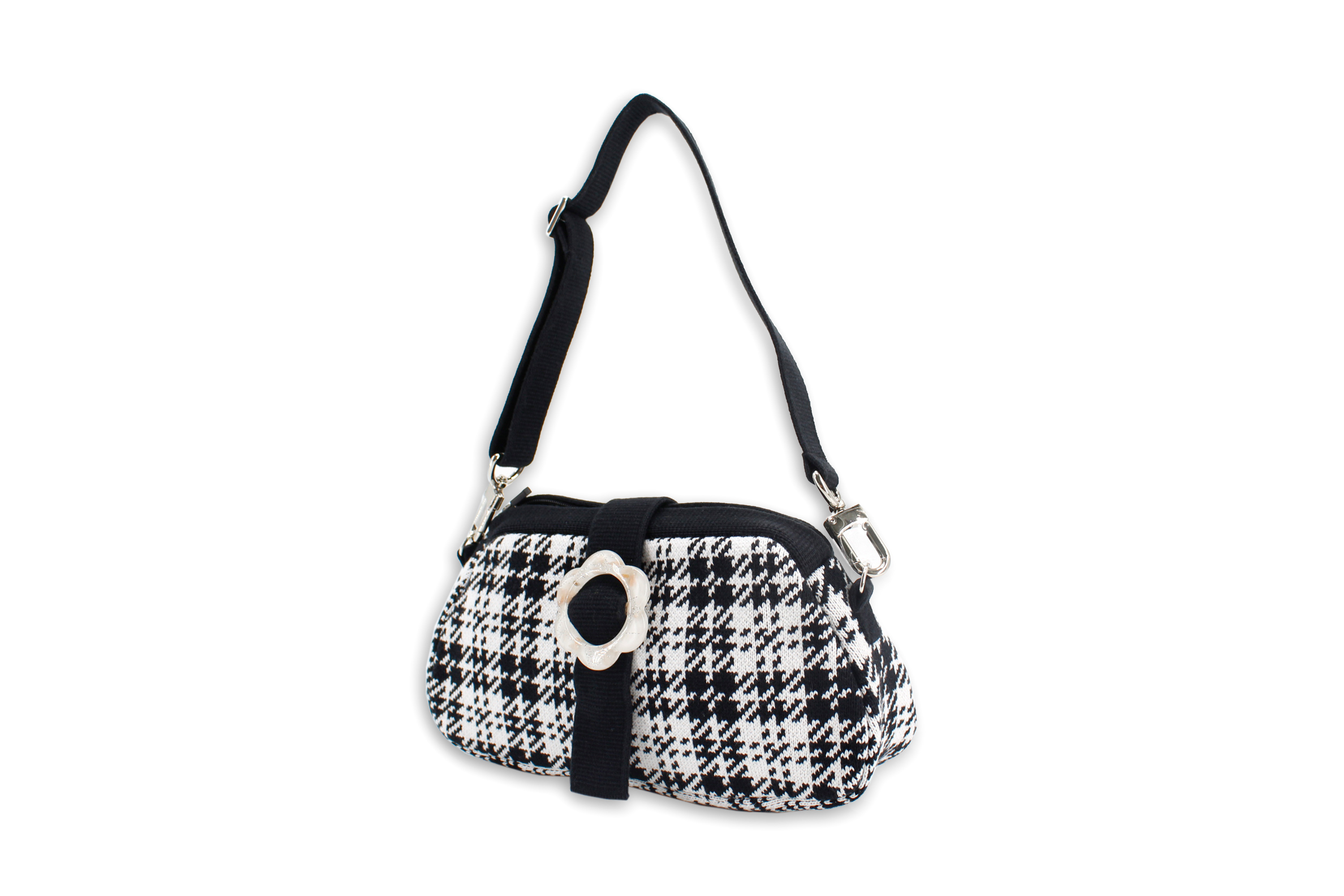 黑白格紋花扣手提袋