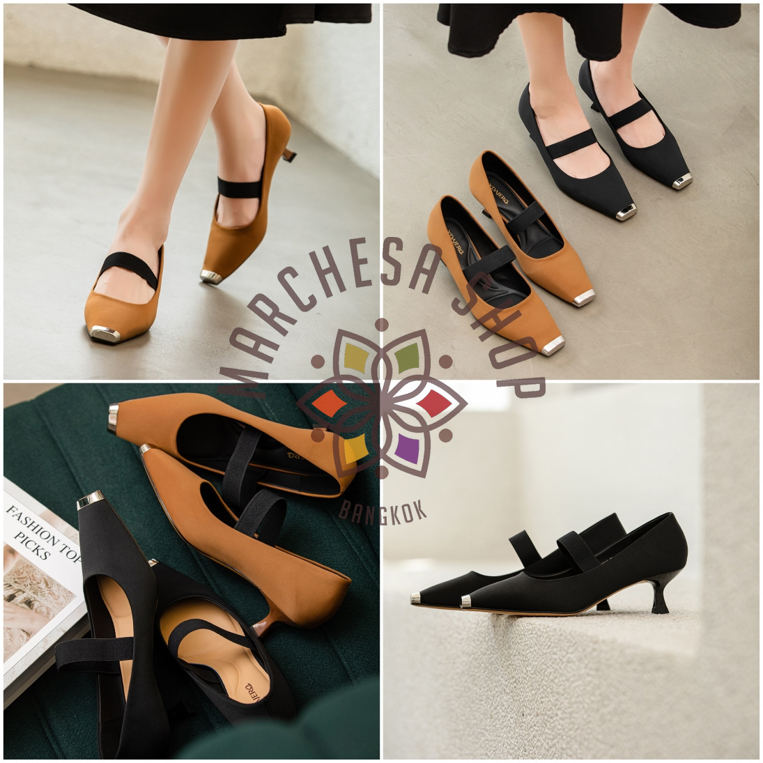 S3163 - 羊猄皮金方頭一字帶低踭鞋