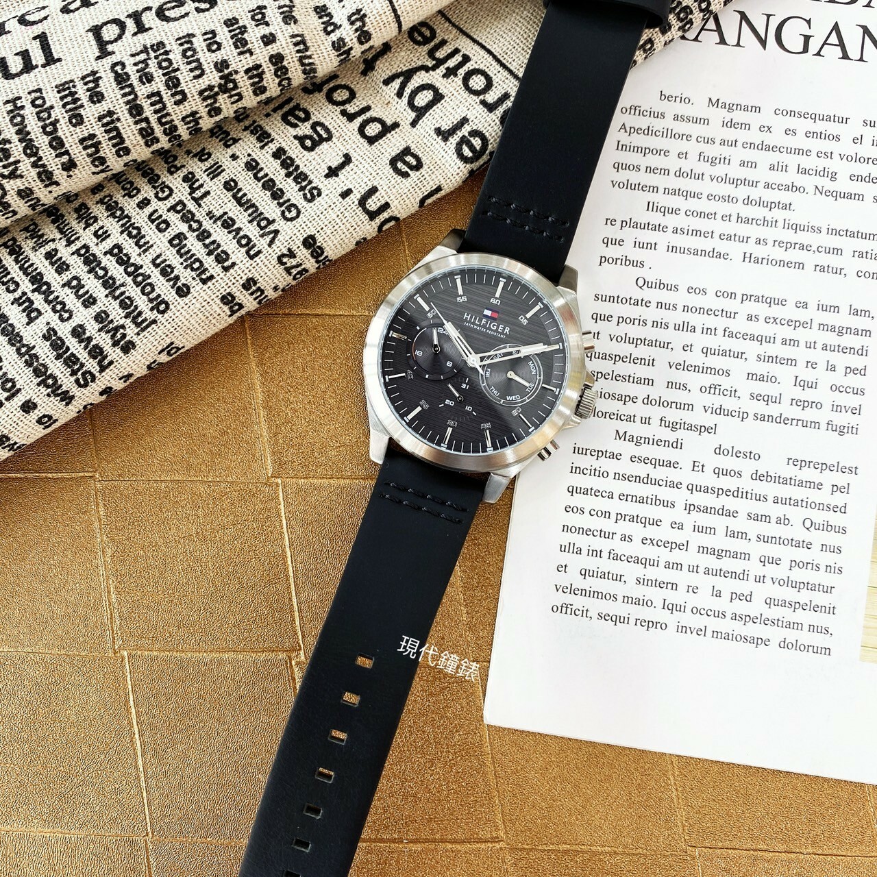 【Tommy Hilfiger】冽鋼灰金屬紋三眼皮革腕錶1710521 46mm 現代鐘錶