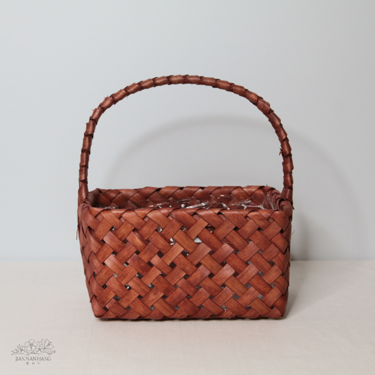 籐籃 木片編籃 大 深咖