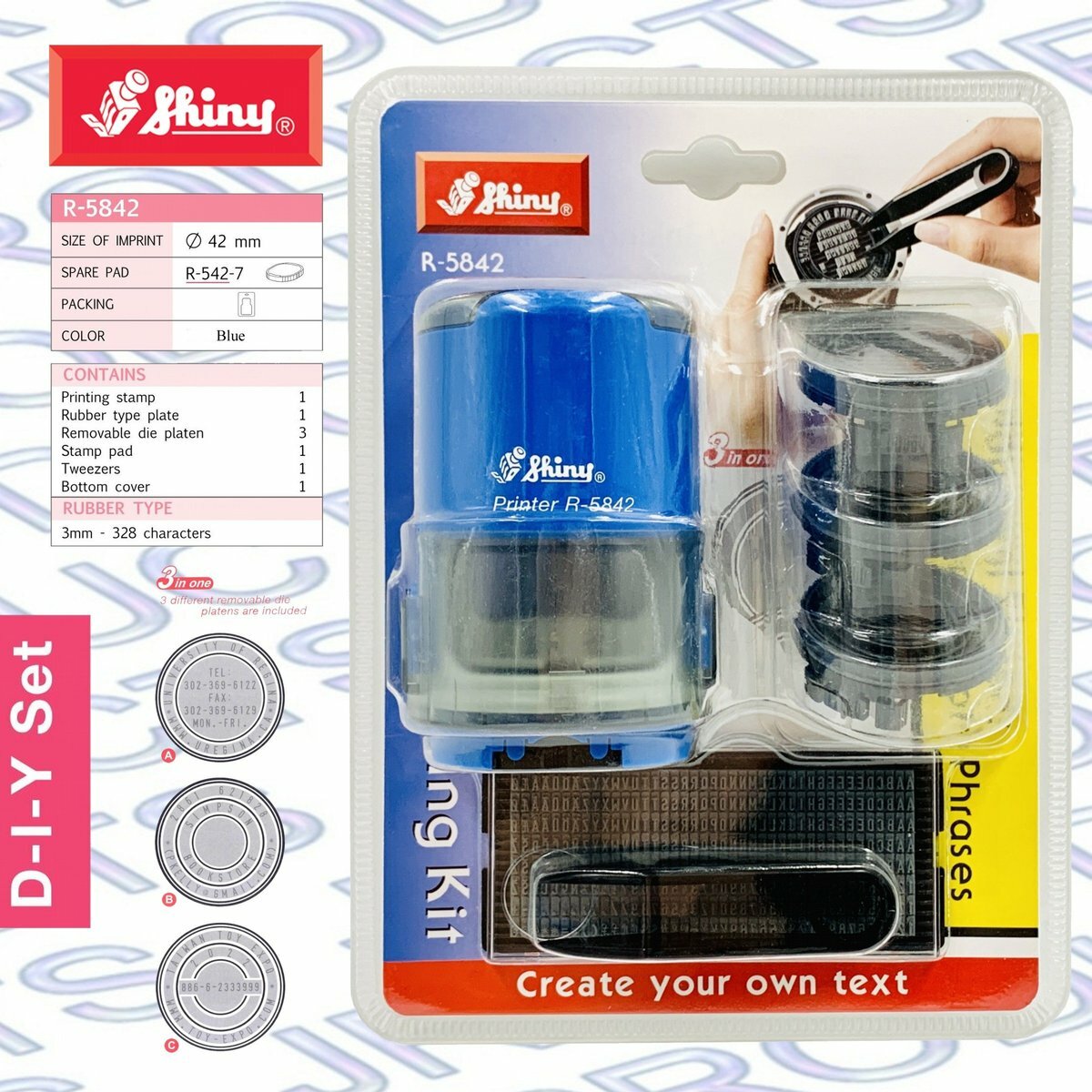 Shiny - 台灣 Shiny® R-5842 DIY 3合1圓型套裝字粒印章, 3mm 藍色《香港行貨》- 1 套