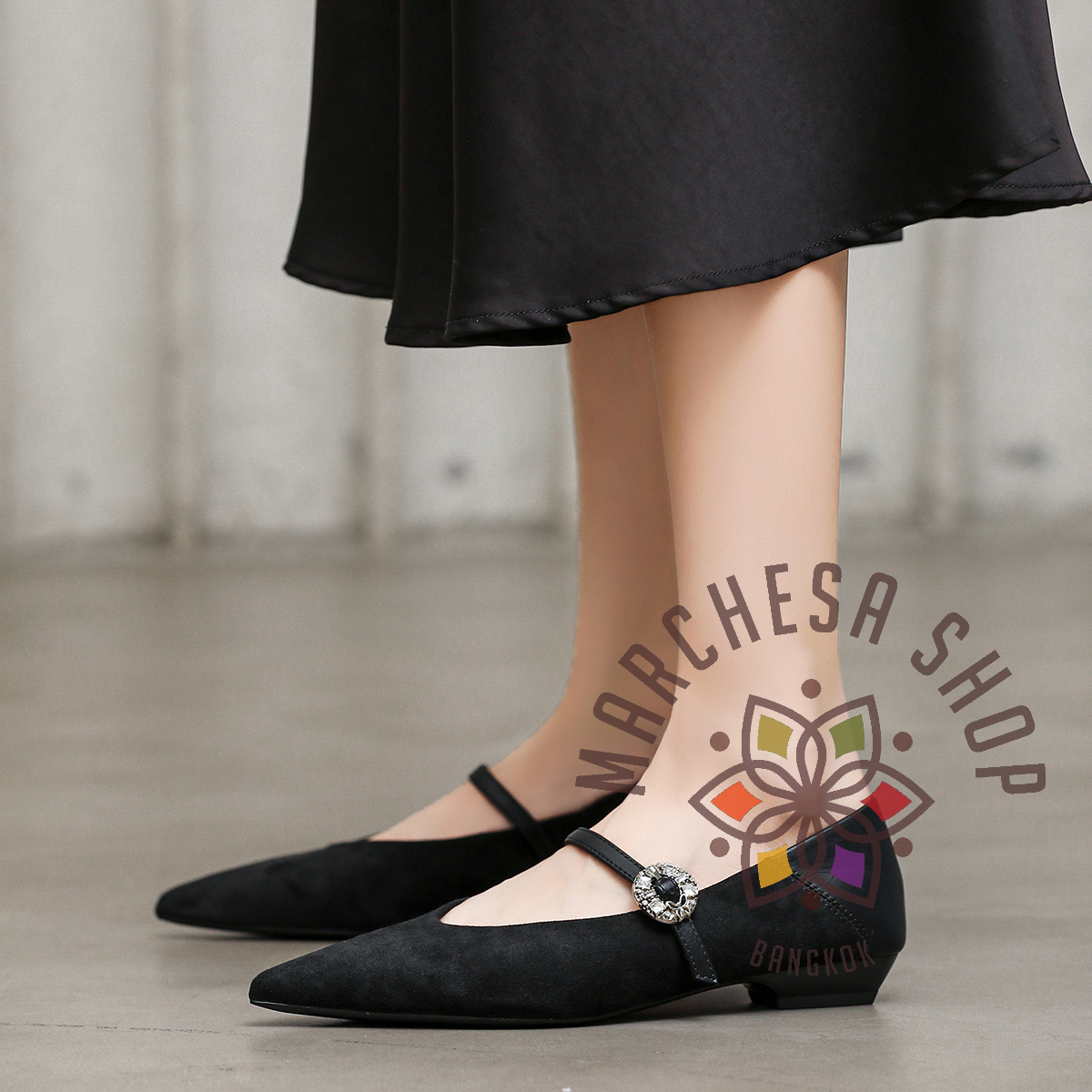 S3164 - 牛皮拼接暗紋一字帶平底鞋